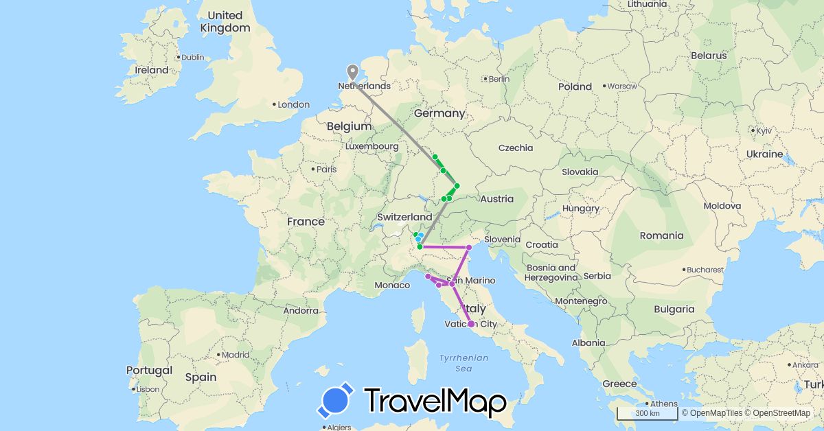 TravelMap itinerary: driving, bus, plane, train, boat in Switzerland, Germany, Italy, Netherlands (Europe)