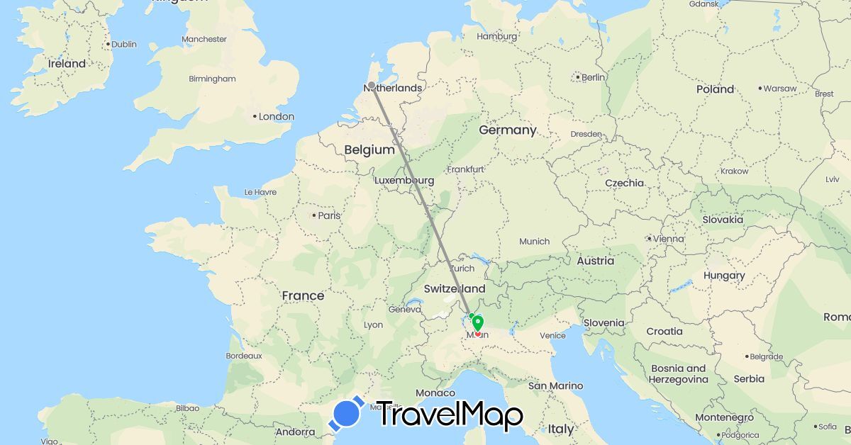 TravelMap itinerary: driving, bus, plane, train, hiking, boat in Switzerland, Italy, Netherlands (Europe)